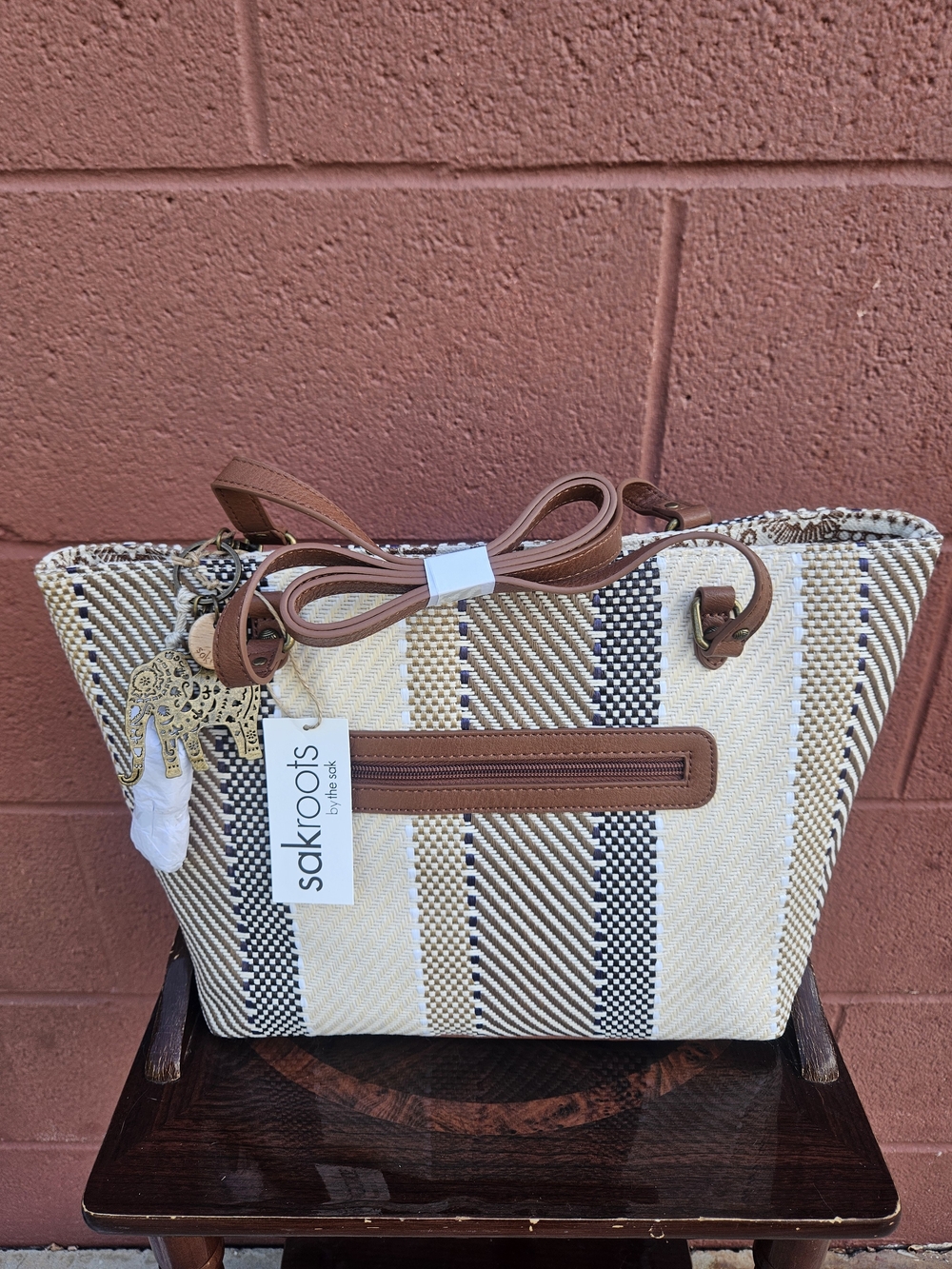 Sakroots Cream, Beige & Brown Striped Woven Tote